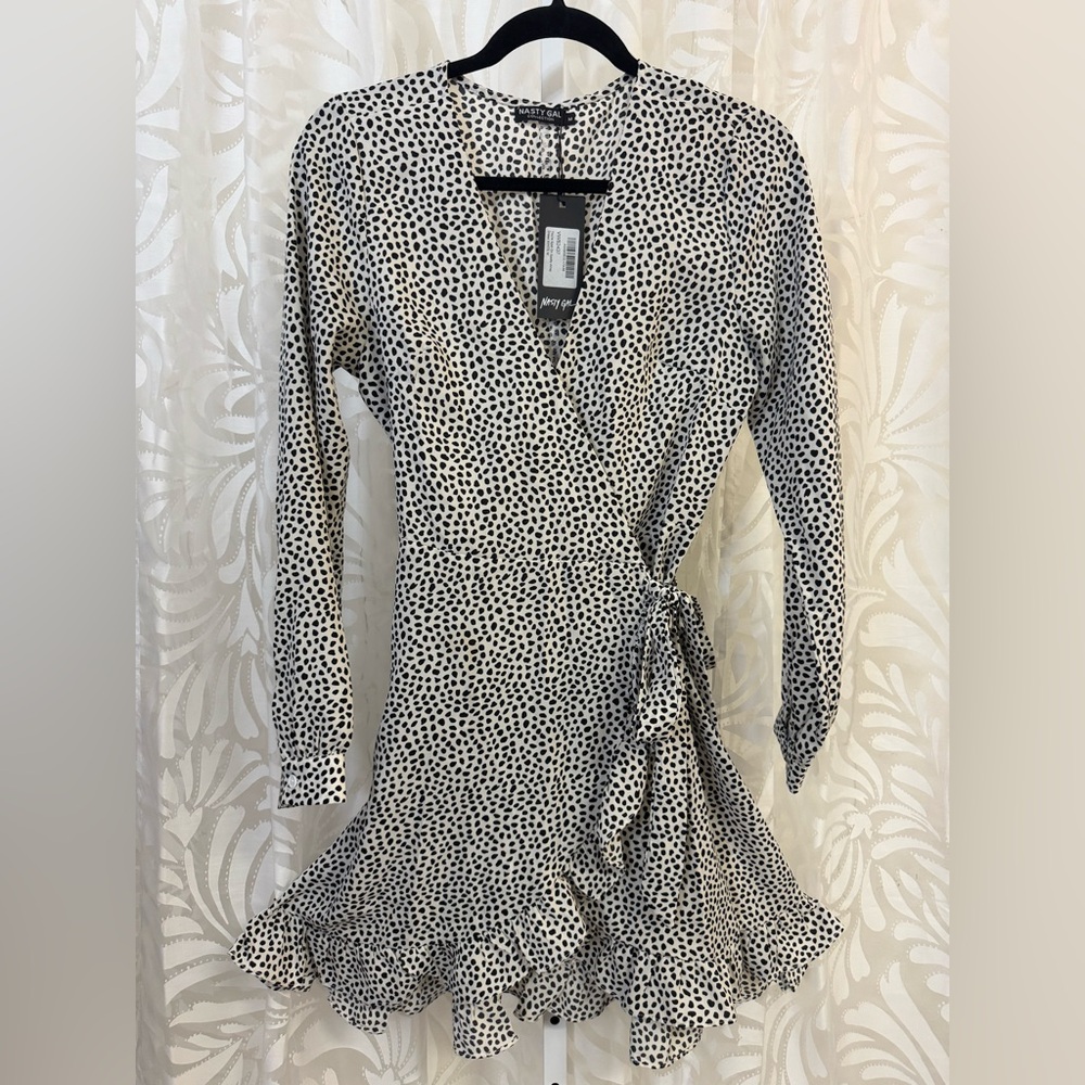 Nasty Gal Collection Animal Print Long Sleeve Ruffle Wrap Mini Dress